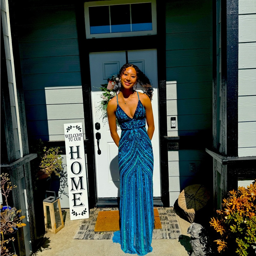 Beautiful turquoise beaded prom gown. Couture, elegant, bohemian style.